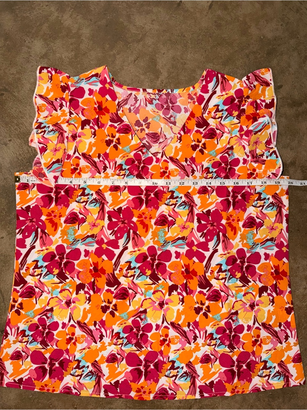 Floral Ruffle Sleeve V-Neck Blouse Pink Orange Tropical Top M - Picture 3 of 7